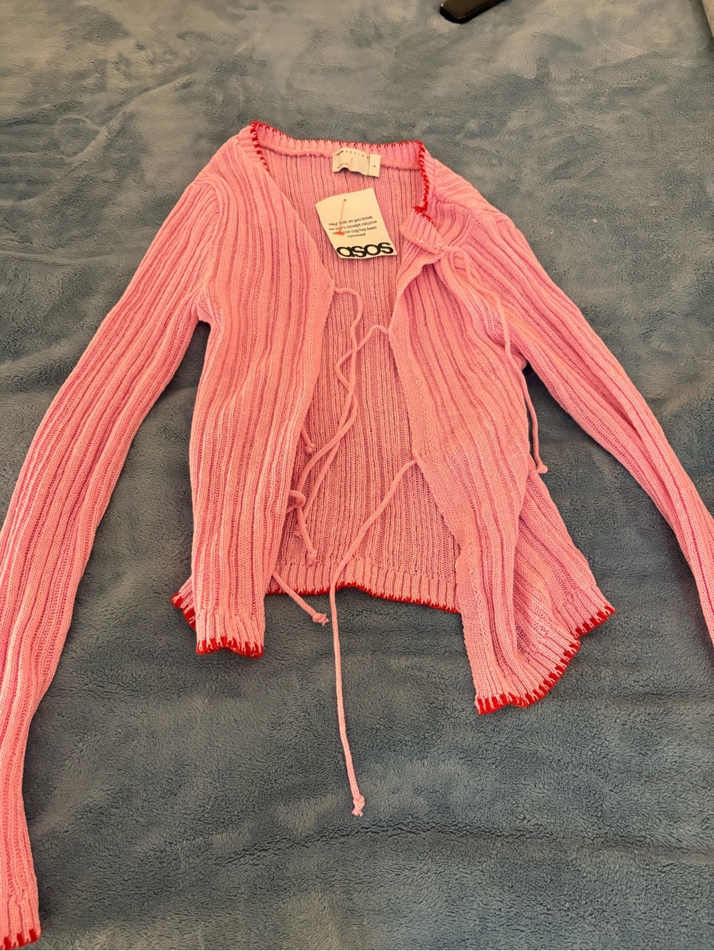 ASOS Pink Ribbed Tie-Front Cardigan with Red Trim NWT size small